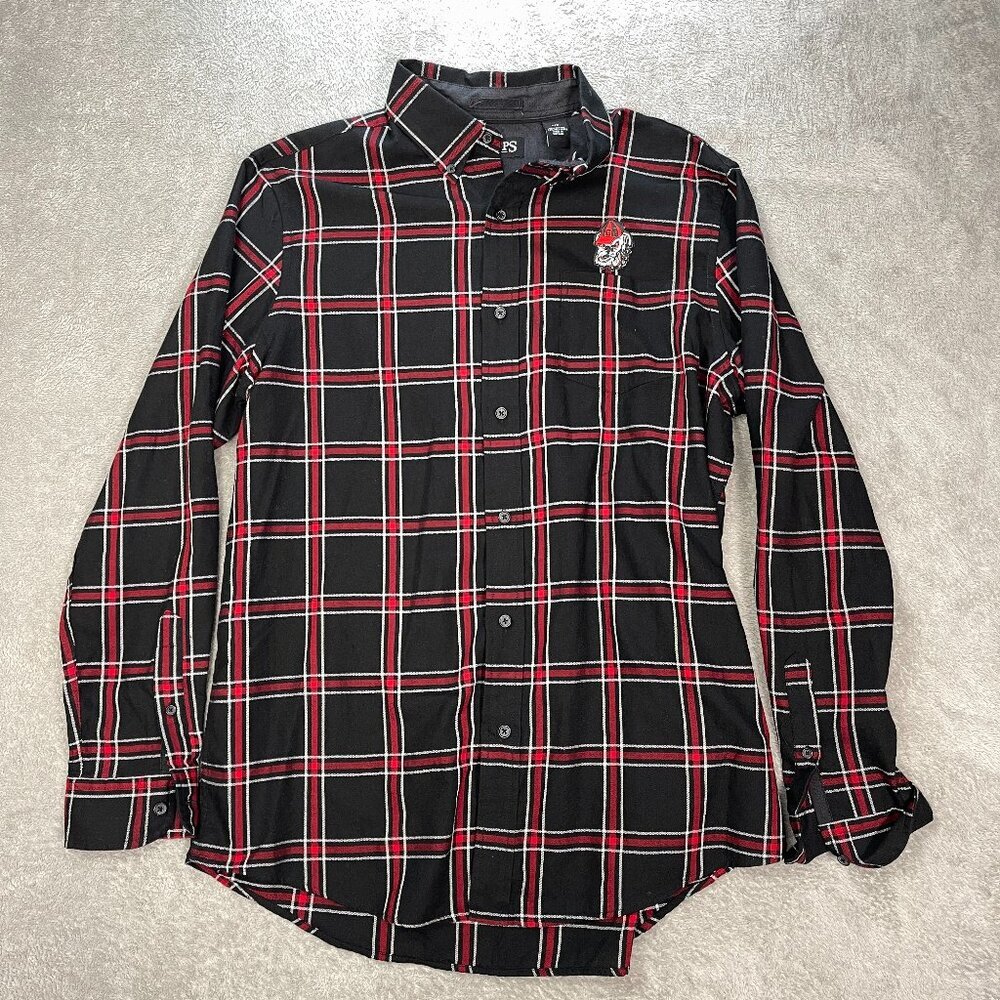 Chaps Accent Plaid Flannel Large Red Black Georgia Bulldogs Button Down Long
